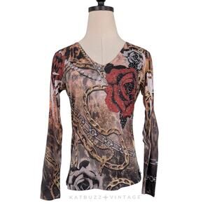 Vintage Cache Top M Brown Red Y2K Bling Rose Chain Vneck Long Sleeve Rock Tissue